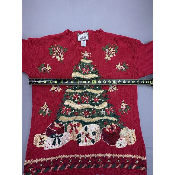 Vintage Christmas Sweater Womens M Red Embroidered Tree Presents Retro Y2K Tiara - Picture 4 of 9